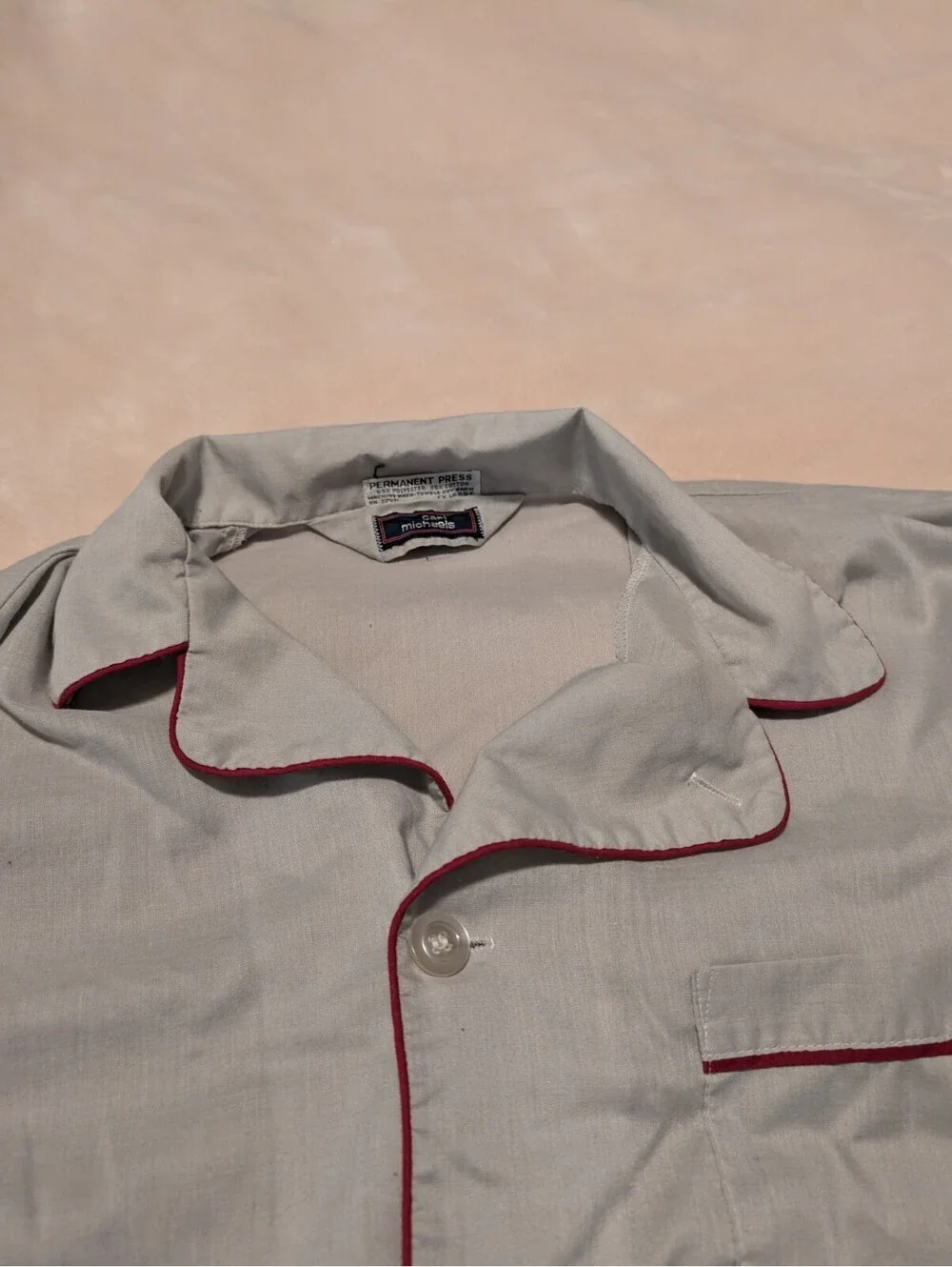 Vintage Carl Michaels Men’s Pajama Set XL Gray Red Piping 2 Pc Long Sleeve Pants